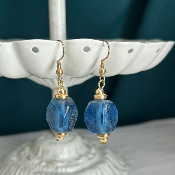 Handmade Gold and Blue Glass Dangle Earrings - Picture 1 of 4